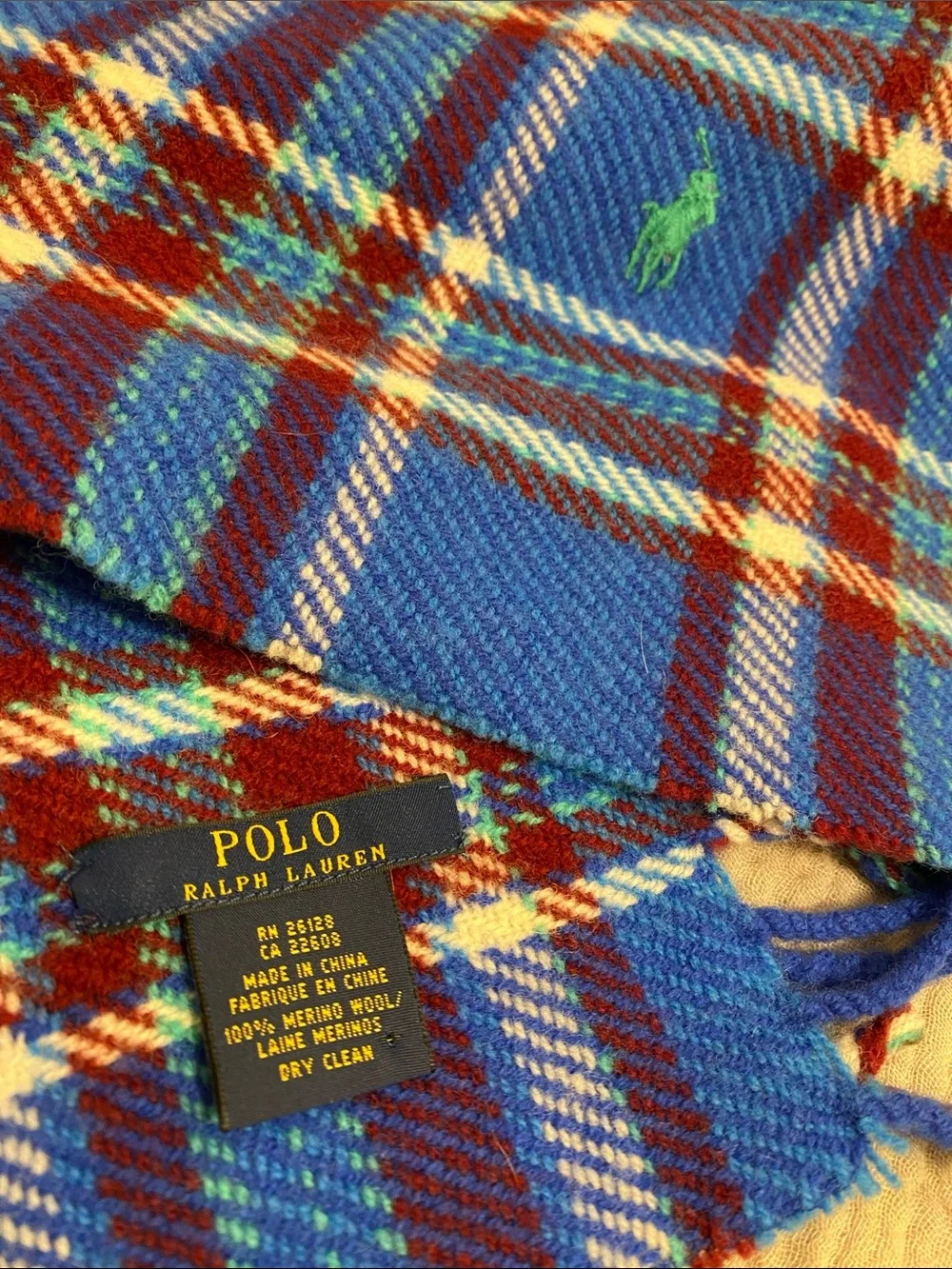 Polo Ralph Lauren Merino Wool Blue Plaid Fringe Scarf with Burgundy Stripes